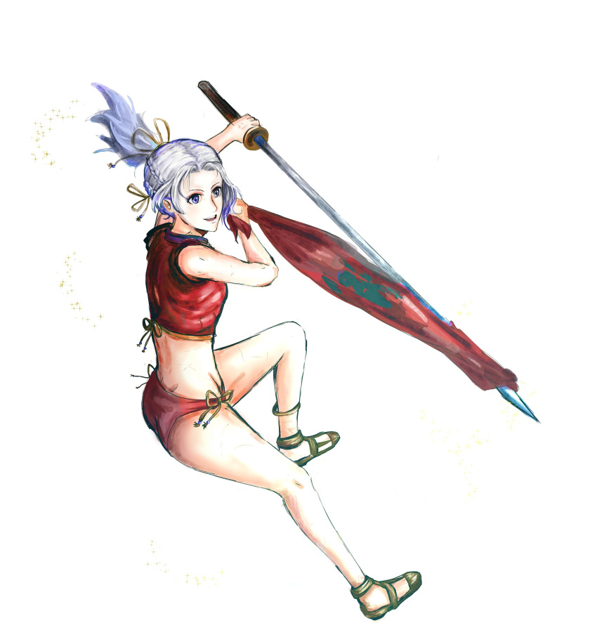 1girl adapted_costume alternate_costume alternate_hairstyle ass attack bikini edelgard_von_hresvelg fire_emblem fire_emblem:_three_houses fire_emblem_heroes flag hair_ribbon intelligent_systems katana kojika long_hair nintendo open_mouth ponytail ribbon sandals simple_background smile solo sparkle summer super_smash_bros. swimsuit unofficial upper_teeth violet_eyes weapon white_background white_hair