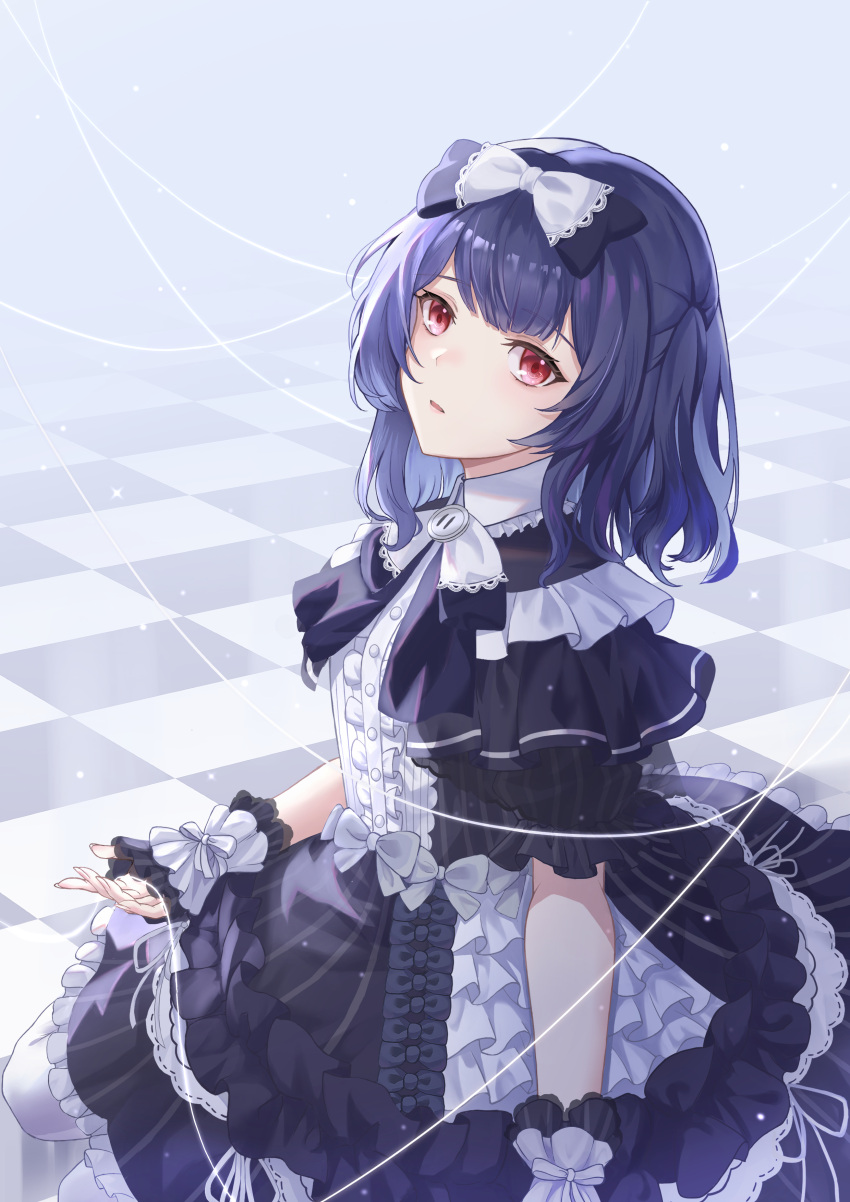 1girl :d absurdres black_hair blush bow dress eyebrows_visible_through_hair frilled_dress frills gothic_lolita hair_bow highres idolmaster idolmaster_shiny_colors kneeling lolita_fashion looking_at_viewer medium_hair morino_rinze open_mouth pantyhose red_eyes simple_background sisv16 smile solo white_legwear wrist_cuffs