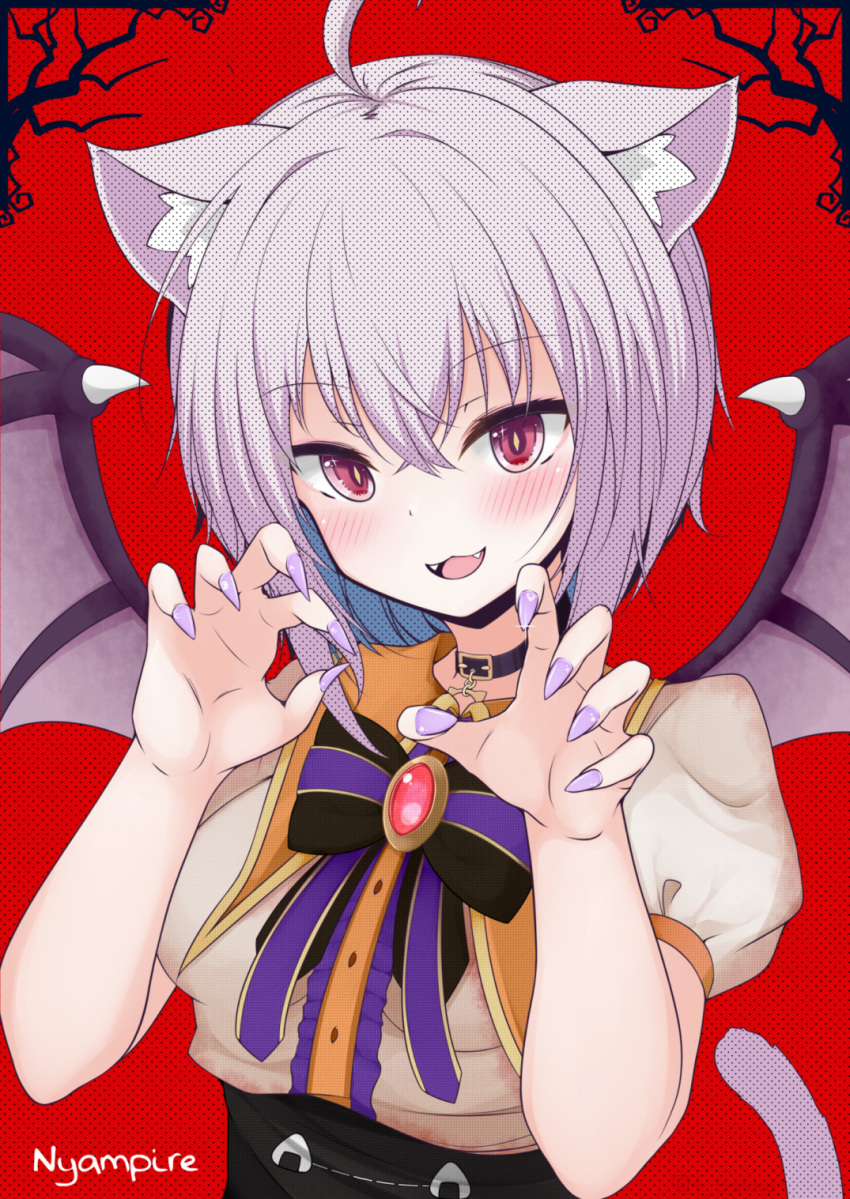 1girl :3 ahoge animal_ear_fluff animal_ears bakko bangs bat_wings black_choker blue_hair blush bow cat_ears cat_girl cat_tail center_frills choker claw_pose colored_inner_hair commentary_request eyebrows_visible_through_hair fangs fingernails frills hair_between_eyes highres hololive long_hair looking_at_viewer multicolored_hair nail_polish nekomata_okayu open_mouth puffy_short_sleeves puffy_sleeves purple_bow purple_hair purple_nails red_background red_eyes sharp_fingernails shirt short_sleeves solo tail upper_body virtual_youtuber white_shirt wings