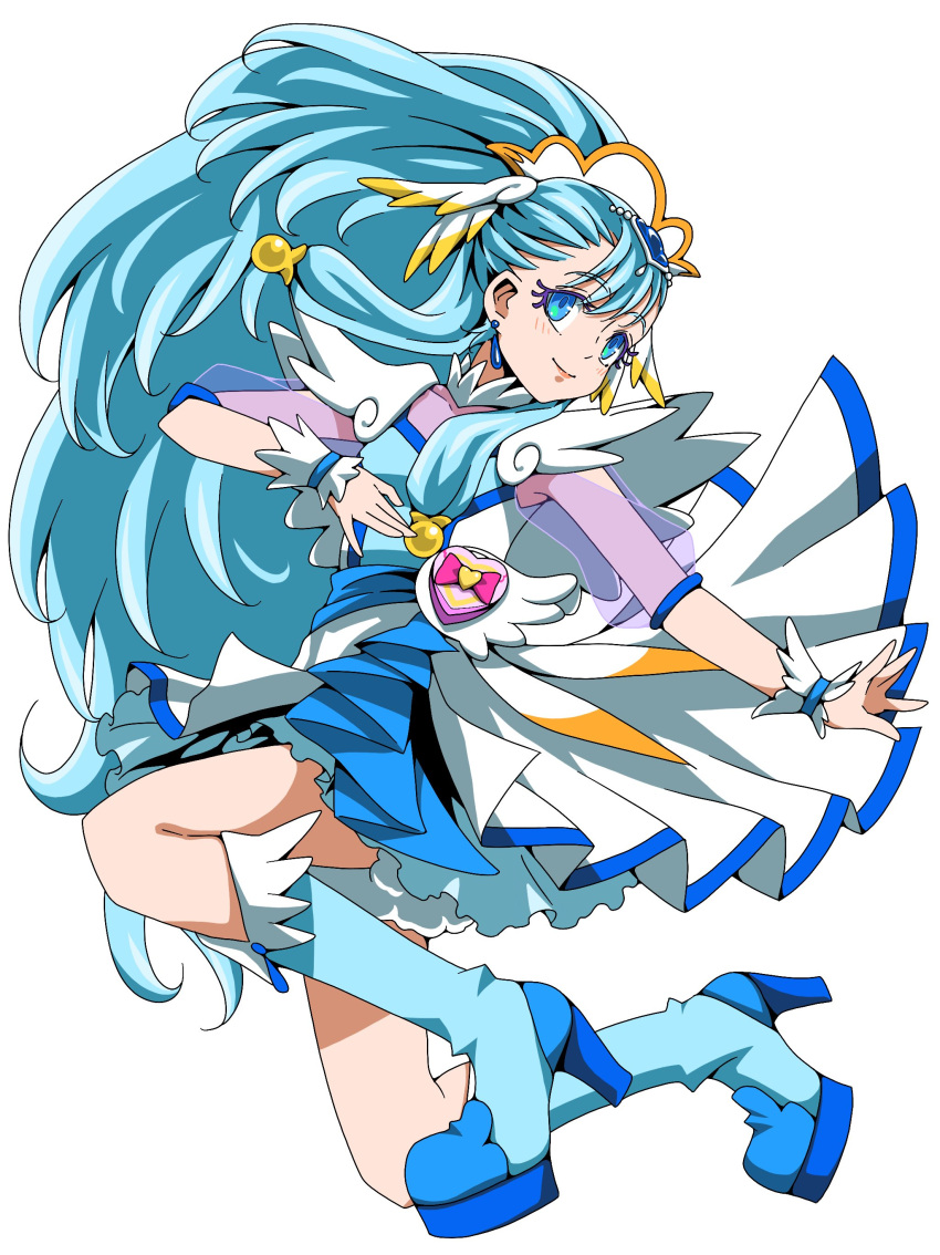 1girl absurdres blue_eyes blue_footwear blue_hair boots closed_mouth cure_ange dress earrings ebura_din eyelashes full_body hair_ornament high_heel_boots high_heels highres hugtto!_precure jewelry knee_boots long_hair precure see-through_sleeves short_dress smile solo very_long_hair