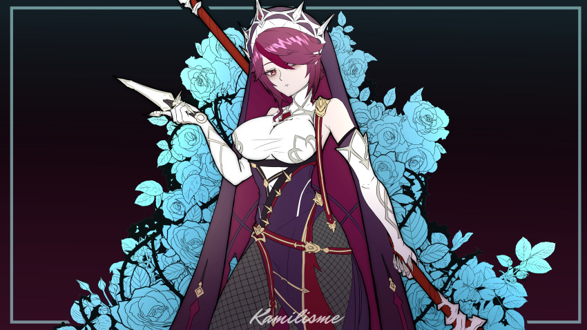 1girl absurdres bangs belt breasts dagger detached_sleeves dual_wielding eyebrows_visible_through_hair fishnet_legwear fishnets genshin_impact habit hair_between_eyes highres holding holding_dagger holding_staff holding_weapon kamilisme knife large_breasts looking_at_viewer multicolored_hair nun pale_skin red_eyes redhead rosaria_(genshin_impact) short_hair sidelocks solo staff streaked_hair weapon