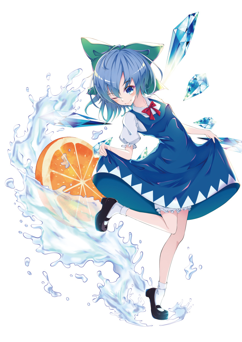 1girl absurdres bangs bloomers blue_dress blue_eyes blue_hair blush bow cirno cirno_day clothes_lift collared_shirt commentary_request dress dress_lift food fruit full_body green_bow hair_bow highres ice ice_wings looking_at_viewer mary_janes one_eye_closed orange_(fruit) orange_slice pinafore_dress puffy_short_sleeves puffy_sleeves red_neckwear red_ribbon ribbon shirt shoes short_hair short_sleeves simple_background smile socks solo standing standing_on_one_leg touhou underwear white_background white_legwear white_shirt wing_collar wings yamanakaume