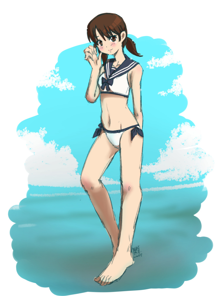 1girl bangs barefoot bikini blue_sailor_collar brown_eyes brown_hair commentary_request full_body highres kantai_collection kenroba_(stark_chen) low_twintails parted_bangs sailor_bikini sailor_collar shirayuki_(kancolle) short_hair short_twintails side-tie_bikini solo standing swimsuit twintails white_bikini