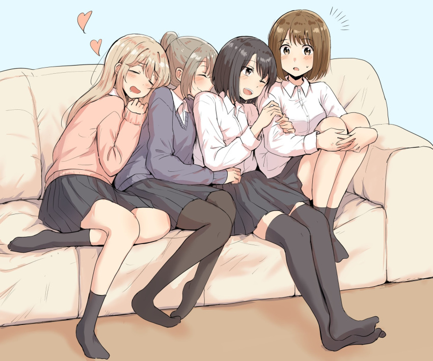 4girls :d arm_grab arrow_(symbol) bangs betock black_hair black_legwear black_skirt blonde_hair bob_cut breasts brown_hair buttons closed_eyes commentary couch drooling eyebrows_visible_through_hair hand_on_knees highres knees_to_chest knees_up leaning_on_person long_hair long_sleeves medium_hair monochrome multiple_girls one_eye_closed open_mouth original pantyhose ponytail school_uniform shirt sitting skirt sleeping sleeping_on_person small_breasts smile socks sweatdrop sweater thigh-highs white_shirt zettai_ryouiki