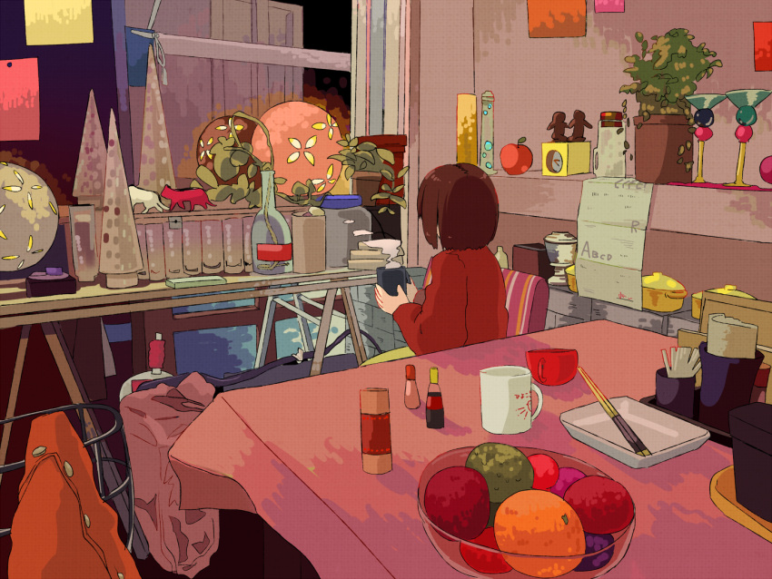 1girl apple bottle brown_hair cat clock coffee_mug cup food from_behind fruit fruit_bowl globe indoors lamp mug orange_(fruit) orange_shirt original plant potted_plant shirt short_hair steam table tamagogayu1998 teacup window