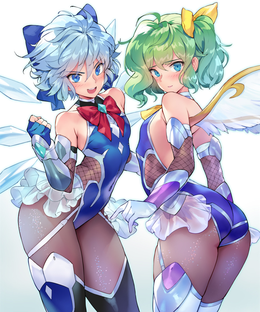 2girls ass bare_shoulders blue_eyes blue_hair breasts cirno commentary_request commission cowboy_shot eyebrows_visible_through_hair fingerless_gloves gloves green_hair hair_between_eyes highres leotard looking_at_viewer multiple_girls open_mouth simple_background skeb_commission small_breasts teeth tongue touhou white_background wings