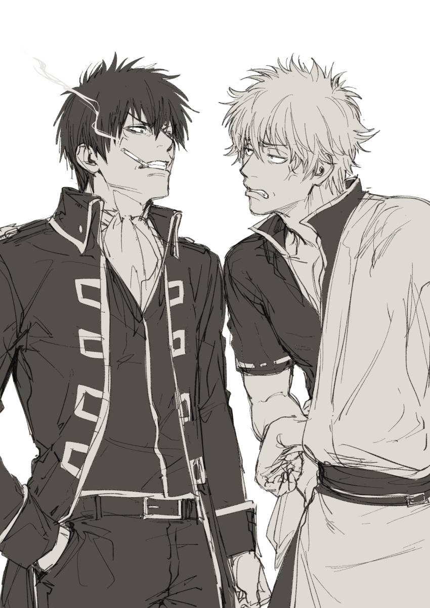 2boys anger_vein bangs cigarette clenched_teeth eye_contact gintama greyscale hadanugi_dousa hair_between_eyes hand_in_pocket highres hijikata_toushirou jacket japanese_clothes kimono long_sleeves looking_at_another male_focus monochrome mouth_hold multiple_boys open_clothes open_jacket pants ribbon-trimmed_skirt ribbon_trim sakata_gintoki short_sleeves simple_background sketch smoke smoking teeth uraki_(tetsu420) v-shaped_eyebrows white_background