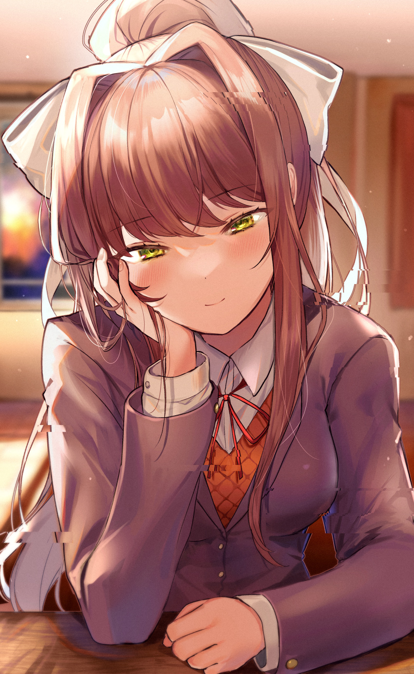 1girl absurdres arm_rest bangs blazer blush bow breasts brown_hair brown_jacket clenched_hand closed_mouth collared_shirt commentary_request doki_doki_literature_club eyebrows_visible_through_hair glitch green_eyes hair_bow hair_intakes hand_on_own_cheek hand_on_own_face head_rest high_ponytail highres indoors jacket long_hair long_sleeves looking_at_viewer medium_breasts monika_(doki_doki_literature_club) ponytail red_vest shirt smile solo upper_body vest white_bow white_shirt y_o_u_k_a