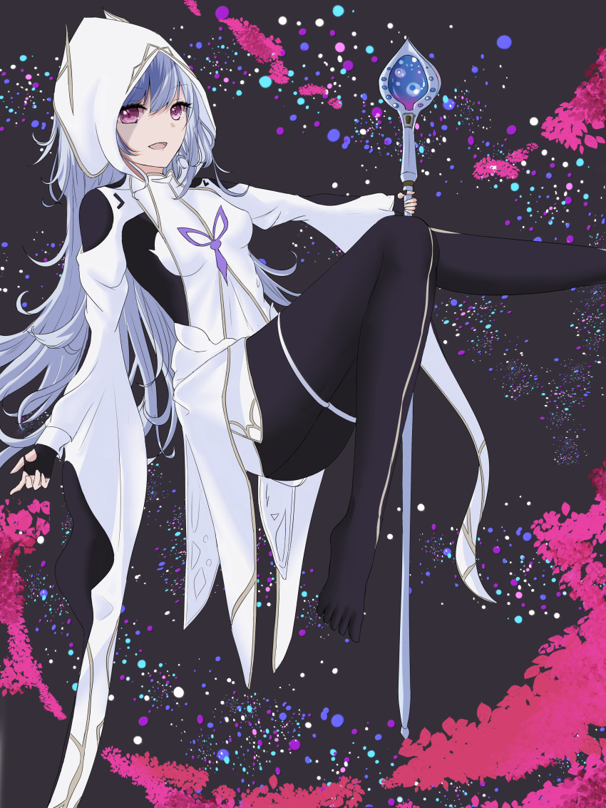 1girl absurdres astonfe black_background breasts fate/grand_order fate_(series) grey_hair hair_between_eyes highres hood long_hair looking_at_viewer mage_staff merlin_(fate/prototype) outstretched_leg pantyhose small_breasts smile solo thighs wide_sleeves