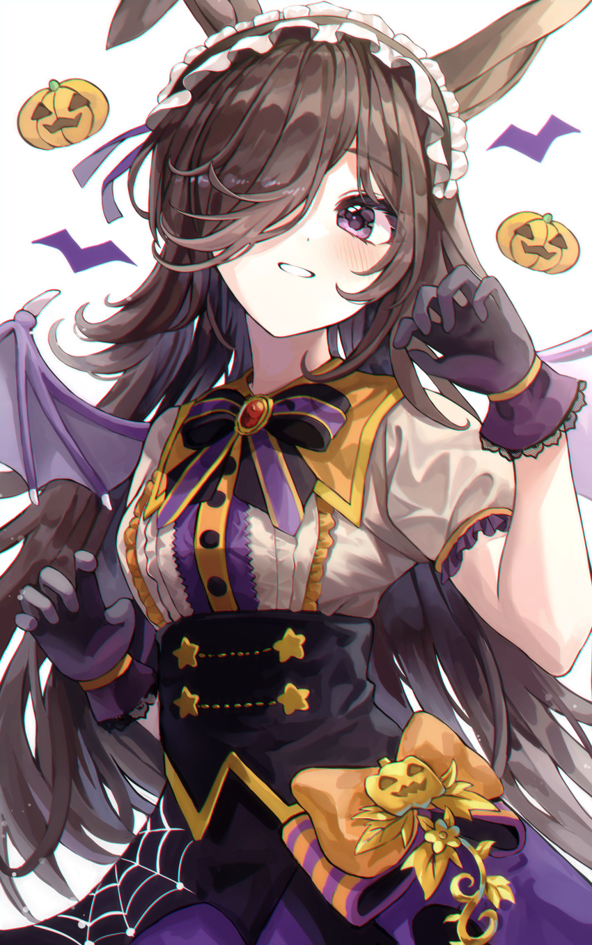1girl absurdres animal_ears bat_wings black_bow black_neckwear bow bowtie brown_hair gloves hair_ornament halloween_costume hand_up headdress highres horse_ears jack-o'-lantern lisi long_hair looking_at_viewer make_up_in_halloween!_(umamusume) parted_lips pumpkin purple_bow purple_gloves purple_neckwear rice_shower_(umamusume) shirt simple_background solo striped striped_bow umamusume upper_body violet_eyes white_background white_shirt wings