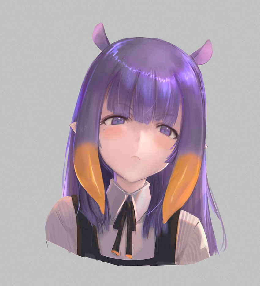 1girl animal_ears bangs black_ribbon blush closed_mouth collared_shirt commentary cropped_shoulders extra_ears eyebrows_visible_through_hair frown grey_background highres hololive hololive_english long_hair looking_at_viewer mole mole_under_eye multicolored_hair neck_ribbon ninomae_ina'nis orange_hair portrait purple_hair ribbon shirt simple_background solo streaked_hair tallgeese_(lgeesel) violet_eyes virtual_youtuber