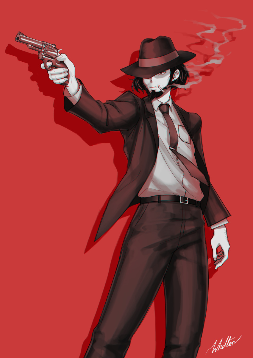 1boy absurdres beard black_hair black_headwear black_jacket black_pants cigarette closed_mouth collared_shirt dress_shirt drop_shadow facial_hair feet_out_of_frame formal grey_shirt gun hat highres holding holding_gun holding_weapon jacket jigen_daisuke long_sleeves looking_away lupin_iii male_focus mouth_hold naked_shirt necktie open_clothes open_jacket pants purple_neckwear red_background red_eyes revolver shirt signature simple_background smoke smoking solo suit tie_clip weapon whitter