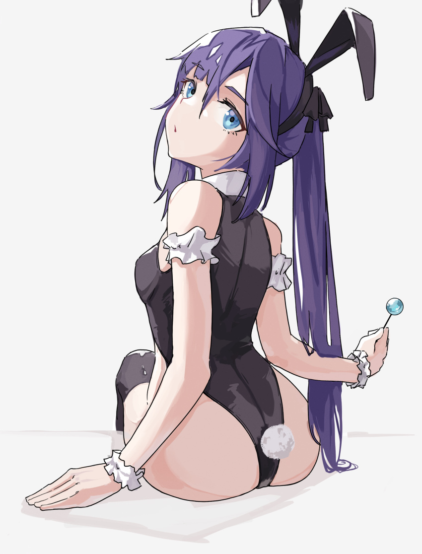 1girl absurdres animal_ears ass bare_shoulders black_legwear black_leotard blue_eyes candy food from_behind full_body genshin_impact hairband highres leotard lollipop long_hair looking_at_viewer lycsakd mona_(genshin_impact) playboy_bunny purple_hair rabbit_ears rabbit_tail sitting sleeveless solo tail thigh-highs twintails wrist_cuffs