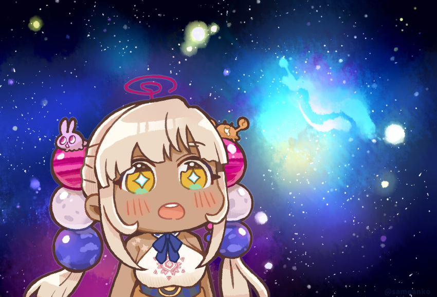 +_+ 1girl :o absurdres bangs beads blonde_hair chibi commentary dark-skinned_female dark_skin hair_beads hair_ornament highres hololive hololive_english limiter_(tsukumo_sana) long_hair meme parody planet_hair_ornament same_anko solo space space_cat_(meme) star_(sky) symbol-only_commentary tsukumo_sana twintails virtual_youtuber yellow_eyes