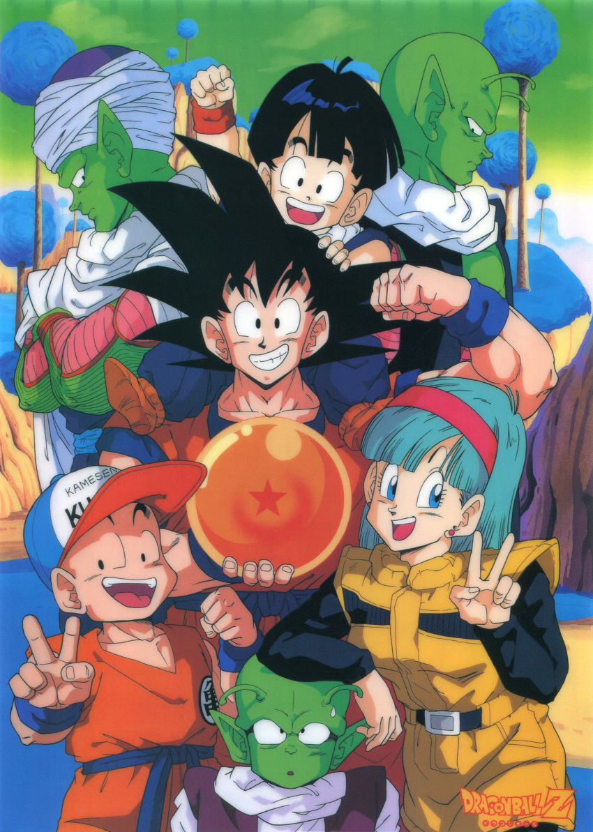 1990s_(style) absurdres antennae aqua_hair arm_on_head arm_up ball bangs baseball_cap black_eyes black_hair blue_eyes brown_footwear bulma cape carrying clothes_writing colored_skin copyright_name crossed_arms day dende dougi dragon_ball dragon_ball_(object) dragon_ball_z earrings emblem father_and_son flexing green_skin green_sky grin hairband hat height_difference highres holding holding_ball jewelry kuririn logo long_sleeves medium_hair muscular muscular_male nail_(dragon_ball) namekian no_eyebrows official_art open_mouth outdoors piccolo piggyback pointy_ears pose profile retro_artstyle saiyan scan smile son_gohan son_goku spiky_hair standing stud_earrings sweatdrop turban wristband