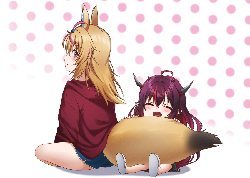 2girls ^_^ absurdres animal_ears blonde_hair blue_bow blue_shorts blush bow closed_eyes fang fox_ears fox_girl fox_tail hair_bow highres hololive hololive_english hood hoodie horns irys_(hololive) jan_azure long_hair medium_hair multiple_girls omaru_polka open_mouth pointy_ears purple_hair red_hoodie shorts sitting smile tail violet_eyes virtual_youtuber younger