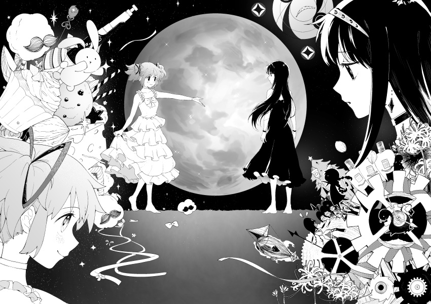 2girls absurdres akemi_homura barefoot black_dress black_hair cheese choker cupcake dress earrings flower food full_moon gears greyscale highres holding holding_clothes holding_dress jewelry kaname_madoka long_hair mahou_shoujo_madoka_magica mahou_shoujo_madoka_magica_movie monochrome moon muhan1234567 multiple_girls night night_sky outstretched_arm rabbit ribbon sky spider_lily twintails white_dress wristband