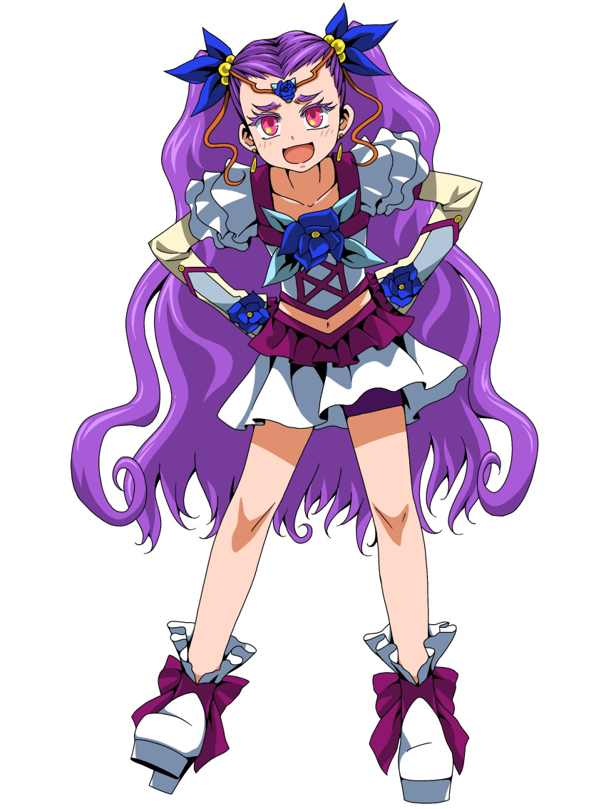 1girl :d absurdres bike_shorts collarbone earrings ebura_din full_body hands_on_hips highres jewelry leaning_forward long_hair midriff milky_rose miniskirt navel open_mouth precure purple_hair purple_shorts red_eyes short_shorts shorts shorts_under_skirt simple_background skirt smile solo stomach twintails very_long_hair white_background white_footwear white_skirt yes!_precure_5 yes!_precure_5_gogo!