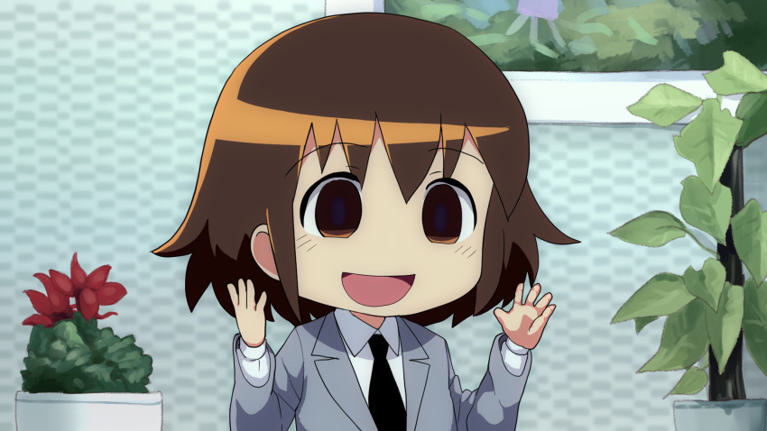 1girl :d atama_ga_paan bangs black_neckwear brown_eyes brown_hair chibi collared_shirt commentary_request dutch_angle empty_eyes eyebrows_visible_through_hair flower fuka_(kantoku) grey_jacket highres jacket kill_me_baby long_sleeves looking_afar meme necktie open_mouth oribe_yasuna painting_(object) plant potted_plant red_flower shirt short_hair smile soka_gakkai_international solo white_shirt