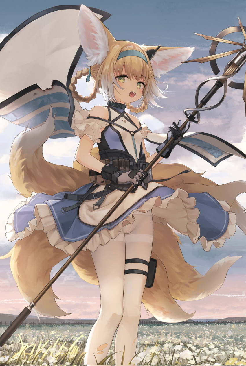 1girl :d animal_ear_fluff animal_ears arknights bare_shoulders black_gloves blue_hairband blue_sky braid breasts clothes_lift collar corset day dress dress_lift earpiece eyebrows_visible_through_hair feet_out_of_frame field flower flower_field fox_ears fox_girl fox_tail frilled_dress frills gloves green_eyes hair_rings hairband highres holding holding_staff layered_dress multiple_tails off_shoulder open_mouth outdoors pantyhose pouch short_sleeves sky small_breasts smile solo staff standing suzuran_(arknights) tail thigh_pouch thigh_strap thighband_pantyhose timitarcat torn_clothes torn_legwear two-tone_dress upskirt white_legwear wind wind_lift