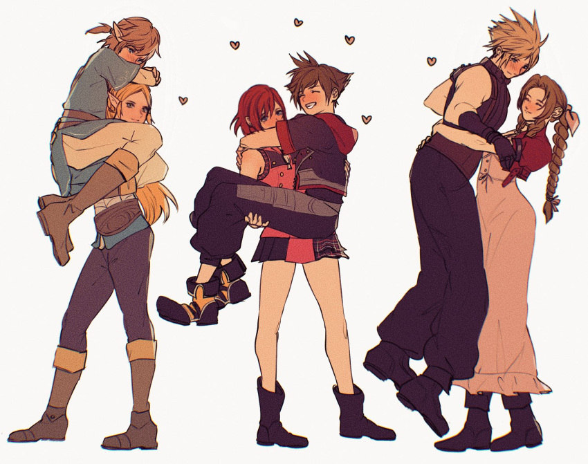 3boys 3girls aerith_gainsborough bangs blonde_hair boots bow bracelet braid braided_ponytail brown_hair carrying cloud_strife commentary couple elf english_commentary final_fantasy final_fantasy_vii final_fantasy_vii_remake heart hood hooded_vest hoodie jewelry kairi_(kingdom_hearts) kingdom_hearts leather leather_boots link multiple_boys multiple_girls pointy_ears princess_carry princess_zelda redhead sera_(serappi) simple_background sleeveless smile sora_(kingdom_hearts) spiky_hair the_legend_of_zelda turtleneck vest