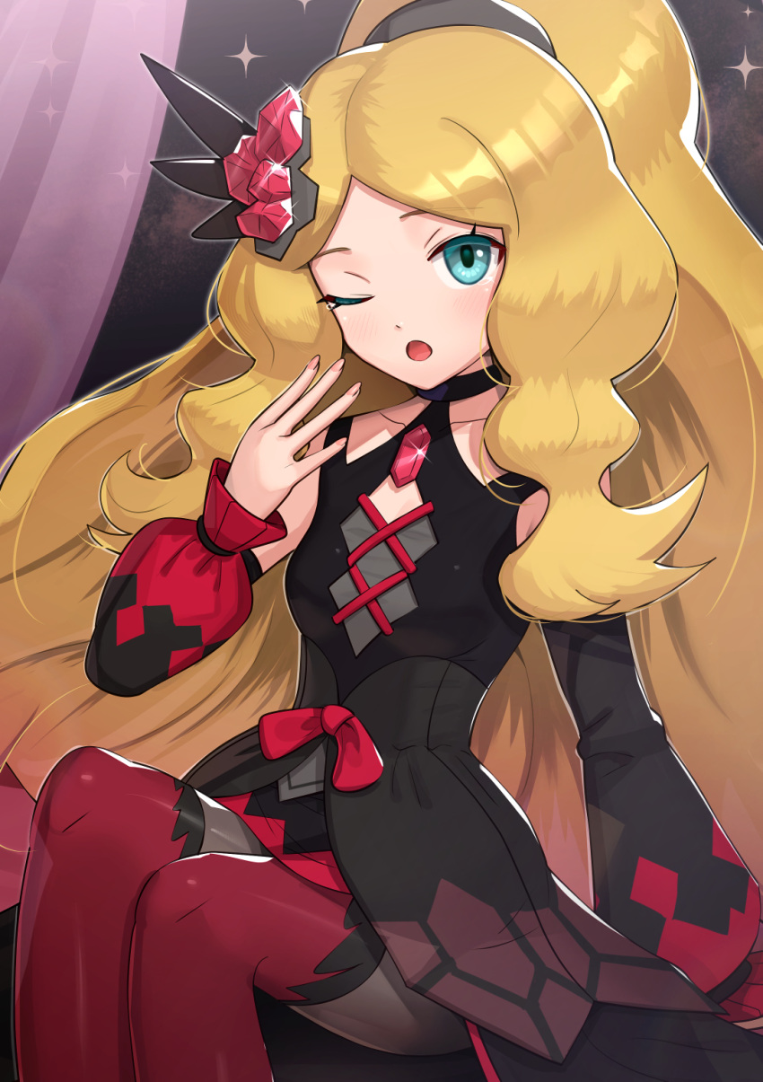 1girl ;o aqua_eyes bangs blonde_hair caitlin_(pokemon) collarbone commentary_request detached_sleeves eyelashes glint gonzarez hair_ornament highres knees legs_together long_hair official_alternate_costume one_eye_closed open_mouth parted_bangs pokemon pokemon_(game) pokemon_masters_ex red_ribbon ribbon ruby_(gemstone) shiny shiny_hair sidelocks sitting solo sparkle tied_hair