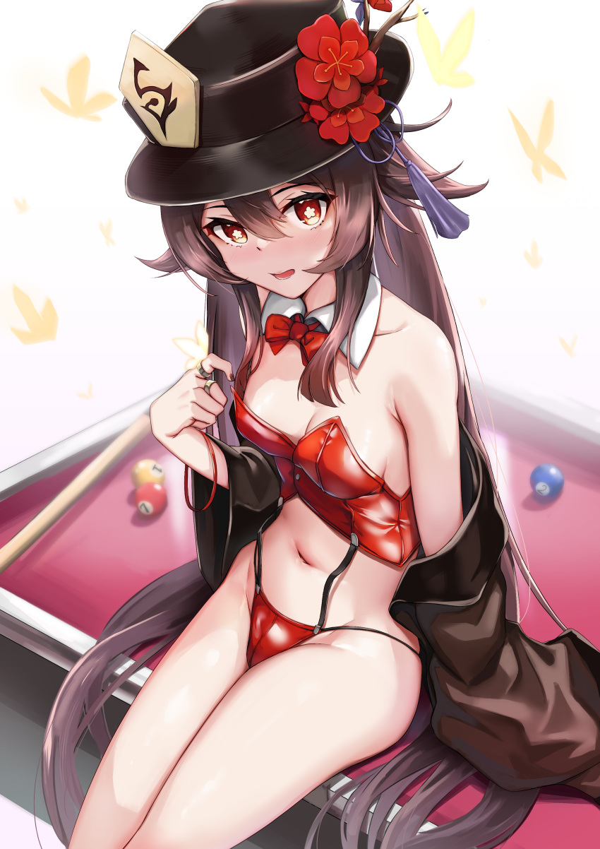 1girl absurdres ball bangs bare_shoulders billiard_ball billiards black_headwear black_jacket blush breasts brown_hair bug butterfly collarbone detached_collar flower genshin_impact hat hat_flower highres hu_tao_(genshin_impact) jacket long_hair long_sleeves looking_at_viewer medium_breasts navel off_shoulder open_mouth plum_blossoms pool_table red_eyes sitting skai_kun smile symbol-shaped_pupils tassel thighs twintails very_long_hair