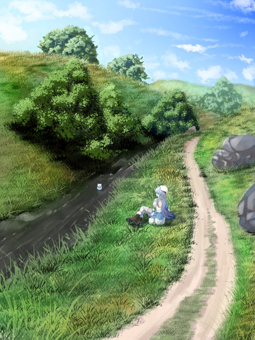 1girl ahoge blue_hair blue_sky boots brown_footwear daifuku_(yukihana_lamy) day from_side grass hat highres hololive long_hair mikan_(chipstar182) outdoors pointy_ears river road rock scenery sitting sky solo thigh-highs white_headwear white_legwear wide_shot yokozuwari yukihana_lamy