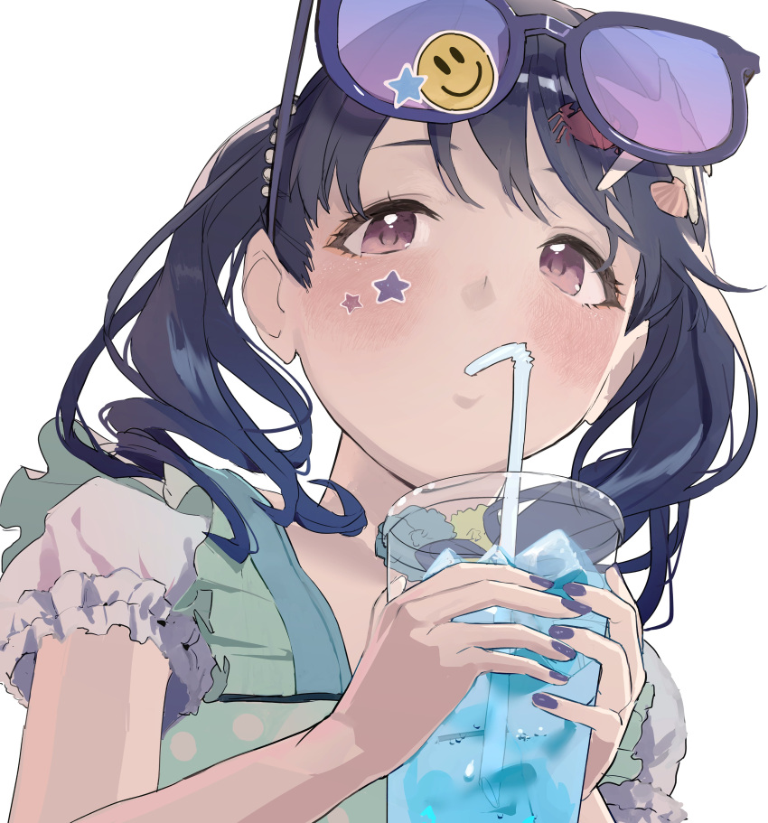 1girl absurdres black_hair blush commentary_request cup disposable_cup drink drinking drinking_straw eyewear_on_head facial_mark fukumaru_koito hair_ornament highres idolmaster idolmaster_shiny_colors long_hair nail_polish one-piece_swimsuit portrait purple_nails solo sunglasses swimsuit twintails uouokuma upper_body violet_eyes