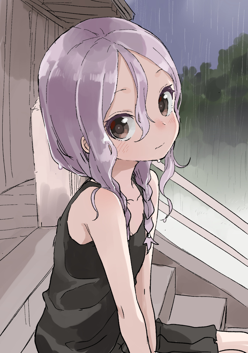 1girl bangs bare_arms bare_shoulders black_skirt black_tank_top braid brown_eyes closed_mouth collarbone commentary_request day hair_between_eyes hair_over_shoulder highres long_hair looking_at_viewer low_twintails outdoors parted_bangs pleated_skirt purple_hair railing rain sitting sitting_on_stairs skirt solo soredemo_ayumu_wa_yosetekuru stairs tank_top twin_braids twintails wavy_mouth wet wet_hair yamamoto_souichirou yaotome_urushi