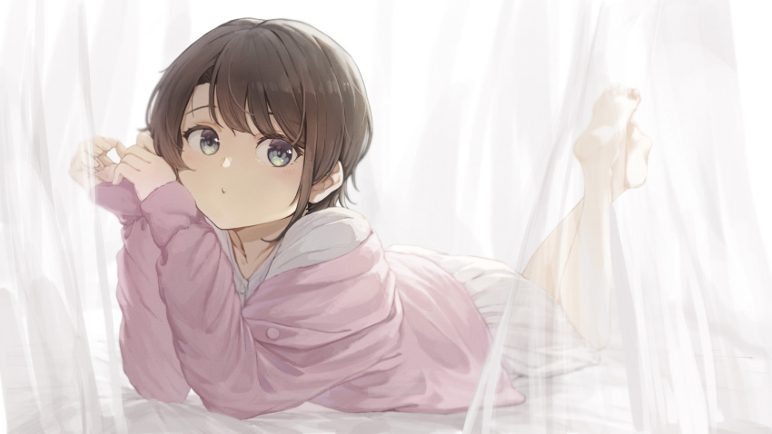 1girl bangs barefoot black_hair blush closed_mouth collarbone commentary_request curtains dress eyebrows_behind_hair green_eyes highres hololive kanoe_(tatsukanoe) long_sleeves looking_at_viewer lying on_bed on_stomach oozora_subaru pink_sweater see-through shirt short_hair sleeves_past_wrists soles solo sweater the_pose virtual_youtuber white_dress