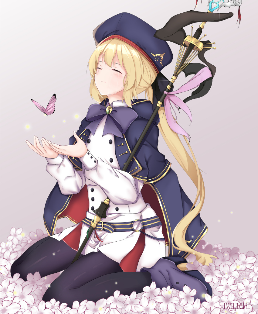 1girl absurdres artoria_pendragon_(caster)_(fate) artoria_pendragon_(fate) black_ribbon blonde_hair blush boots bow bowtie bug butterfly buttons cape closed_eyes crying deathcure0722 double-breasted fate/grand_order fate_(series) flower hat high_heel_boots high_heels highres long_hair mage_staff pantyhose ponytail purple_bow ribbon saber sitting smile solo wariza white_background