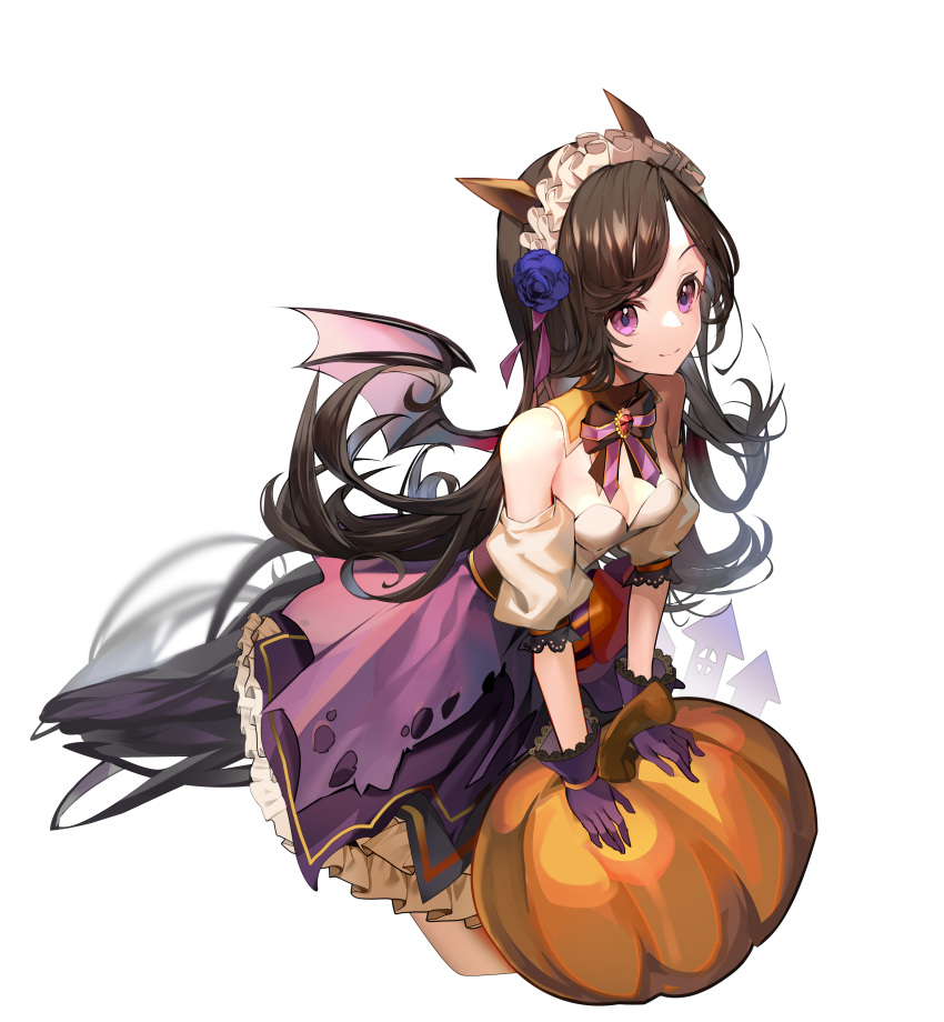 1girl a_(sofi3103) absurdres adapted_costume animal_ears breasts brown_hair closed_mouth cowboy_shot cropped_legs demon_wings food halloween halloween_costume highres horse_ears horse_girl horse_tail long_hair make_up_in_halloween!_(umamusume) official_alternate_costume puffy_short_sleeves puffy_sleeves pumpkin purple_skirt rice_shower_(umamusume) shirt short_sleeves simple_background skirt small_breasts solo tail umamusume vegetable violet_eyes white_background white_shirt wings