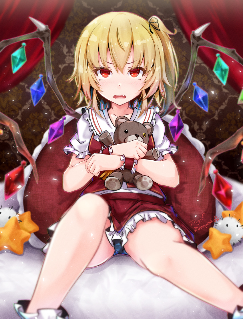 1girl absurdres baileys_(tranquillity650) blonde_hair blue_panties crystal dress fang flandre_scarlet hair_ribbon highres holding holding_stuffed_toy legs looking_at_viewer no_headwear open_mouth panties pantyshot puffy_short_sleeves puffy_sleeves red_dress red_eyes ribbon short_hair short_sleeves side_ponytail sitting solo stuffed_animal stuffed_toy teddy_bear teeth touhou underwear upper_teeth wings wrist_cuffs