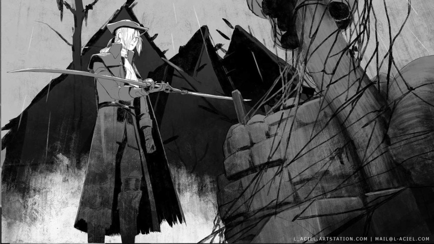 1girl bangs bloodborne boots coat fountain gloves greyscale hair_over_one_eye hand_up hat house knee_boots l_aciel lady_maria_of_the_astral_clocktower monochrome outdoors pants ponytail short_hair solo sword the_old_hunters tree twin_blades weapon web_address