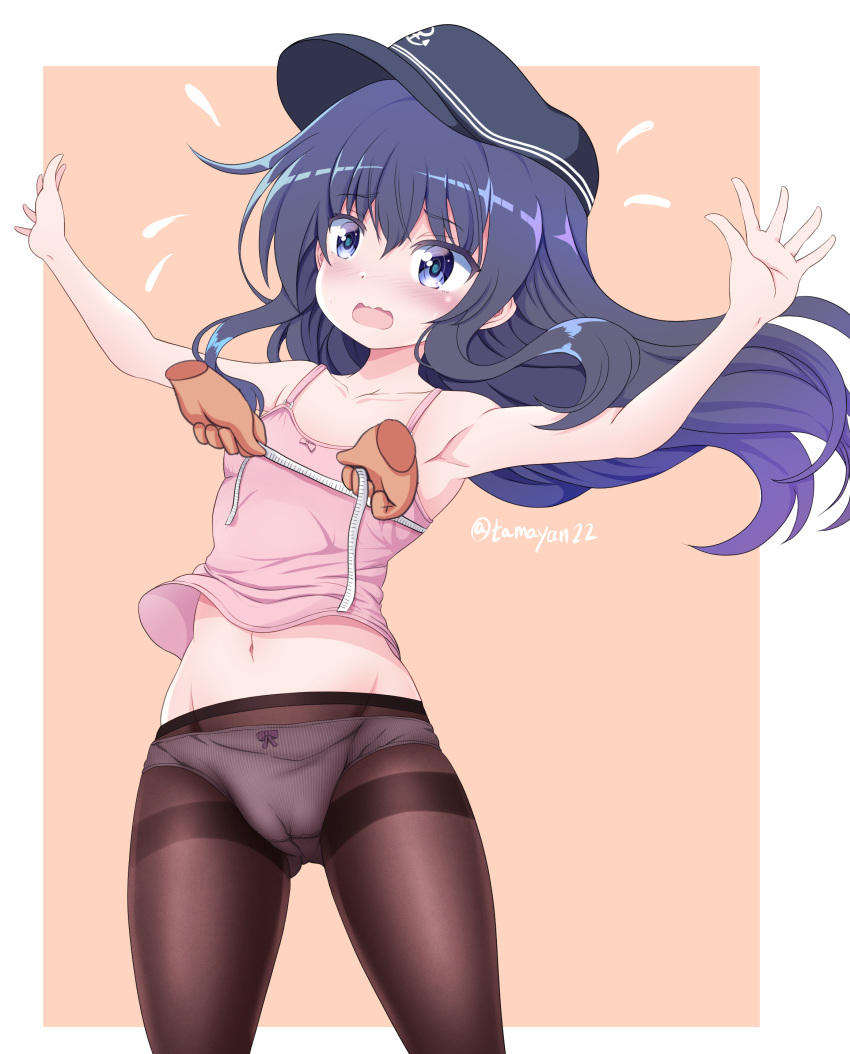 1girl absurdres akatsuki_(kancolle) anchor_symbol black_headwear blush border brown_legwear collarbone cowboy_shot eyebrows_visible_through_hair flat_cap groin hair_between_eyes hands hat highres kantai_collection long_hair navel open_mouth panties panties_under_pantyhose pantyhose purple_hair solo tamayan twitter_username underwear violet_eyes white_border white_panties