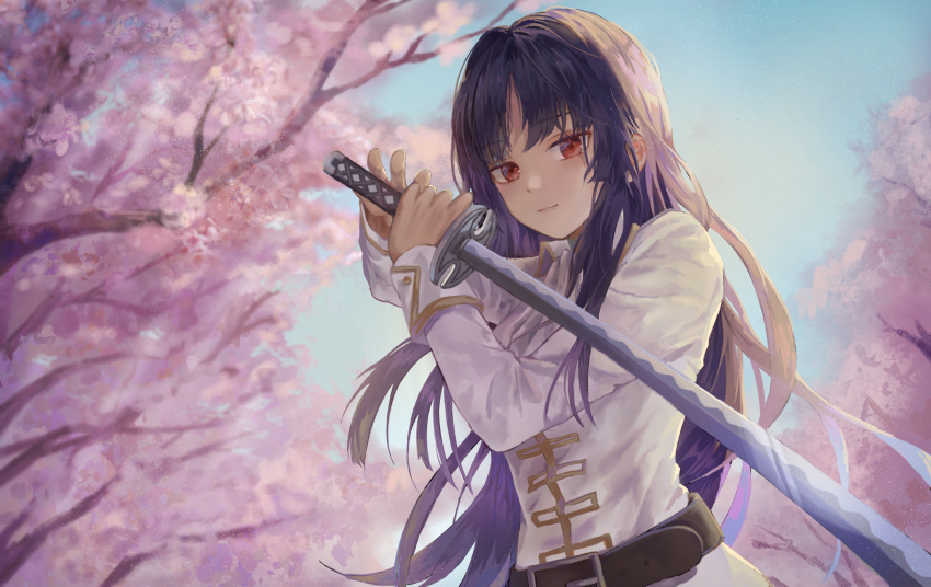 1girl bangs blunt_bangs cherry_blossoms dark_blue_hair gintama highres holding holding_sword holding_weapon imai_nobume long_hair long_sleeves looking_at_viewer military military_uniform red_eyes smile solo sword uniform weapon yumago