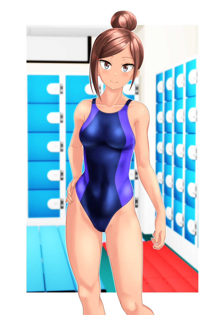 1girl absurdres blue_eyes blue_swimsuit blurry blurry_background breasts brown_hair commentary_request commission competition_swimsuit cowboy_shot dark-skinned_female dark_skin dumbbell_nan_kilo_moteru? hair_bun highres locker long_hair medium_breasts one-piece_swimsuit solo standing swimsuit takafumi uehara_ayaka wooden_floor