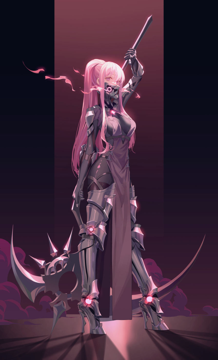 1girl absurdres alternate_costume armor armored_boots bodysuit boots breasts commentary_request commission full_body high_heels highres holding holding_scythe holding_weapon hololive hololive_english long_hair looking_at_viewer mask medium_breasts mori_calliope mouth_mask pelvic_curtain pink_eyes pink_hair ponytail scythe shoulder_armor skeb_commission smoke solo standing thigh-highs thigh_boots tsuki-shigure weapon