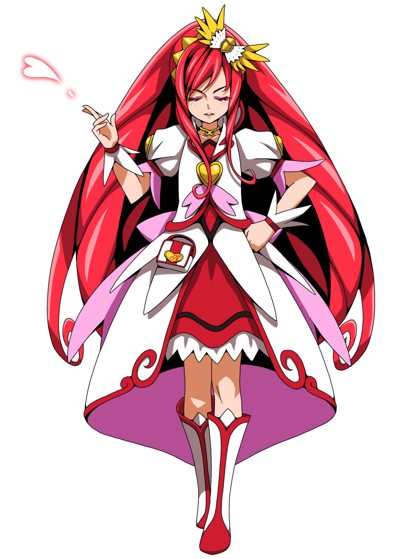 1girl absurdres bangs boots closed_eyes collarbone cure_ace dokidoki!_precure ebura_din facing_viewer floating_hair full_body grey_hair highres knee_boots long_hair parted_lips precure red_skirt simple_background skirt solo standing very_long_hair white_background white_footwear