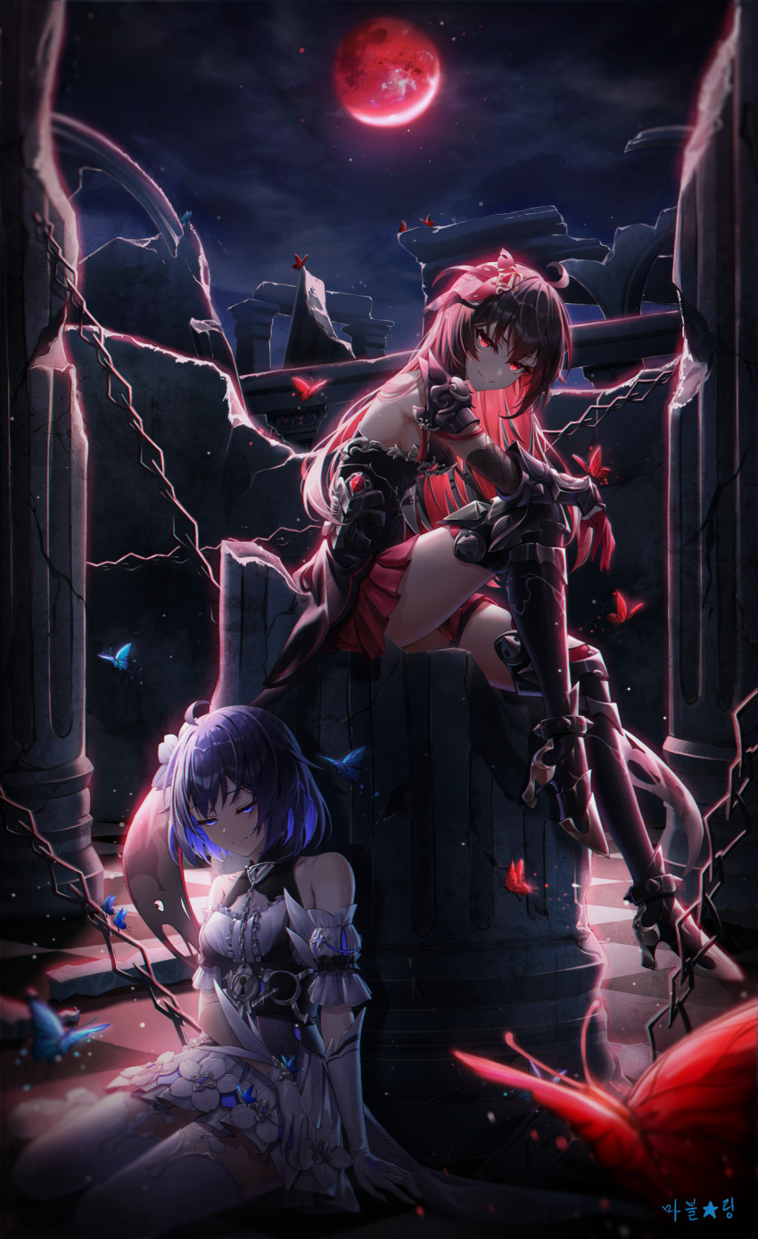 1girl antenna_hair bangs bare_shoulders black_dress black_footwear black_gloves blue_butterfly blue_eyes blue_hair boots bug butterfly closed_mouth dress dual_persona elbow_gloves full_body gauntlets gloves grin hair_between_eyes hair_ornament highres honkai_(series) honkai_impact_3rd long_hair looking_at_viewer moon night night_sky on_floor open_mouth outdoors pillar red_butterfly red_eyes red_moon redhead seele_(alter_ego) seele_vollerei seele_vollerei_(starchasm_nyx) seele_vollerei_(stygian_nymph) short_hair short_sleeves sitting sky smile star-ring teeth thigh-highs thigh_boots white_dress