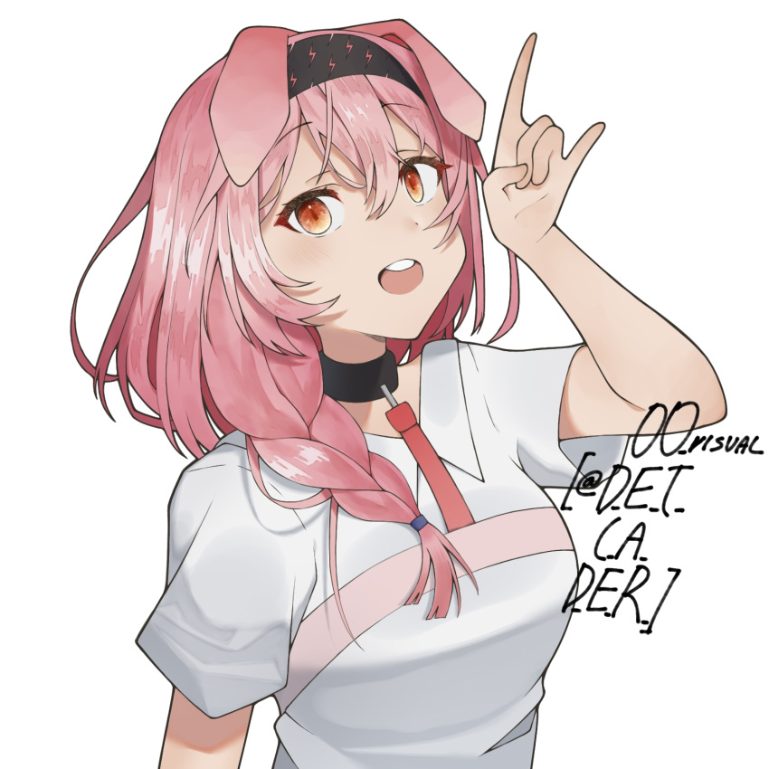 1girl alternate_costume animal_ears arknights artist_name bangs black_choker black_hairband choker commentary_request d-e-t-c-a-d-e-r dog_ears eyebrows_visible_through_hair hair_between_eyes hairband highres long_hair looking_at_viewer open_mouth orange_eyes pink-haired_perro_(arknights) pink_hair shirt short_sleeves simple_background solo upper_body white_background white_shirt
