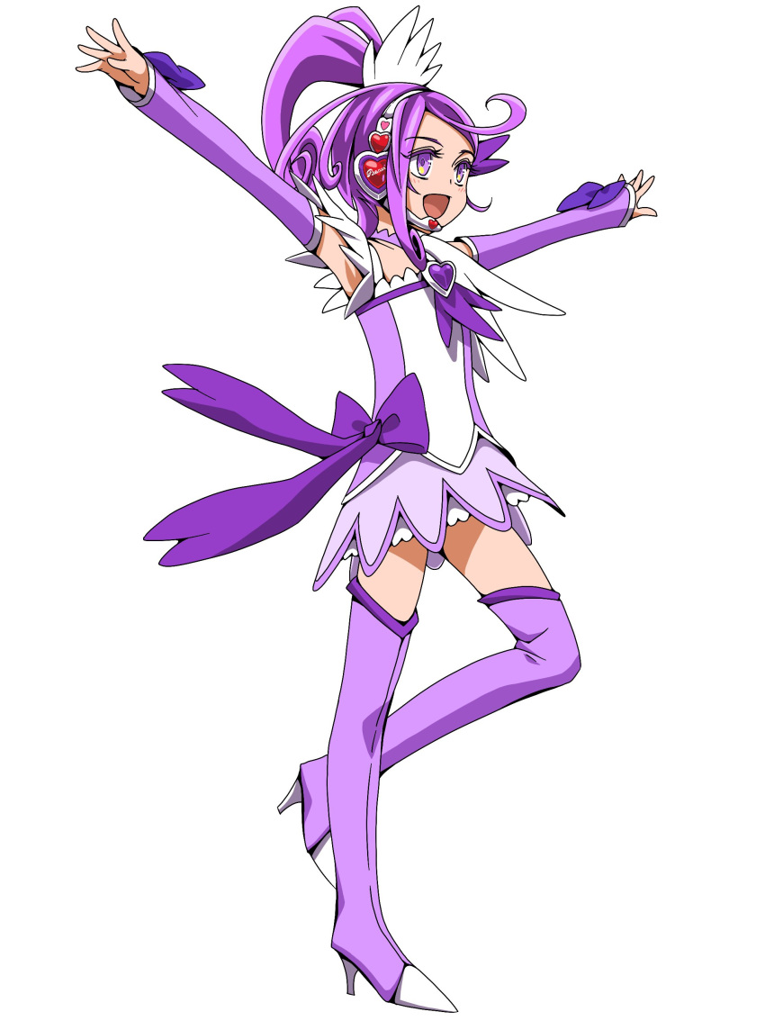 1girl :d absurdres armpits bangs boots choker collarbone cure_sword detached_sleeves dokidoki!_precure ebura_din full_body grey_skirt headphones headset high_heel_boots high_heels high_ponytail highres layered_skirt long_hair long_sleeves microphone miniskirt open_mouth outstretched_arms precure purple_choker purple_footwear purple_hair purple_sleeves simple_background skirt sleeves_past_wrists smile solo standing standing_on_one_leg swept_bangs thigh-highs thigh_boots violet_eyes white_background zettai_ryouiki