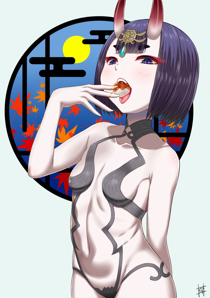 1girl bangs bare_shoulders bob_cut breasts collarbone dango eating eyeliner fate/grand_order fate_(series) food headpiece highres horns kuraikurairey leaf looking_at_viewer makeup maple_leaf oni oni_horns open_mouth purple_hair short_hair shuten_douji_(fate) skin-covered_horns small_breasts solo tongue tongue_out tsukimi_dango violet_eyes wagashi