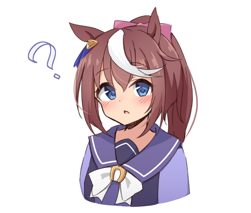 1girl ? animal_ears bangs blue_eyes blush bow bowtie brown_hair commentary cropped_torso eyebrows_visible_through_hair hair_bow head_tilt highres horse_ears horse_girl looking_at_viewer multicolored_hair parted_lips pink_bow ponytail purple_sailor_collar purple_shirt sailor_collar shirt sidelocks simple_background solo streaked_hair symbol-only_commentary tokai_teio_(umamusume) tsukimi_(rivia) umamusume upper_body white_background white_hair white_neckwear
