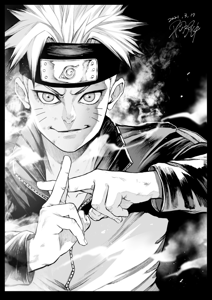 1boy absurdres black_background dated facial_mark forehead_protector greyscale hetero highres hiraoka_koushi jacket looking_at_viewer male_focus monochrome naruto naruto_(series) ninja short_hair signature smile spiky_hair uzumaki_naruto whisker_markings