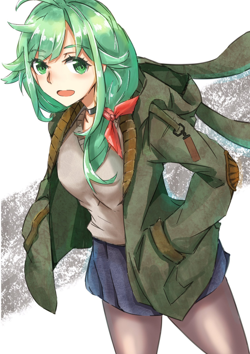 1girl ahoge alternate_costume animal_hood bangs black_choker black_legwear blue_skirt breasts choker eyebrows_visible_through_hair green_eyes green_hair green_jacket hair_ribbon hands_in_pockets highres hood hood_down hooded_jacket jacket kantai_collection long_hair looking_at_viewer matsu_(kancolle) one-hour_drawing_challenge open_mouth pantyhose red_ribbon ribbon skirt solo tonke