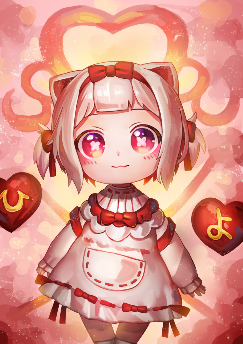 1girl :3 absurdres amai_hiyo amai_hiyo_channel animal_ears baby bangs blunt_bangs bow cat_ears cat_girl child closed_mouth dress headband heart highres long_sleeves looking_at_viewer pink_dress pink_theme pouch red_bow red_eyes red_headband red_ribbon ribbon ribbon-trimmed_clothes ribbon_trim short_hair short_twintails solo symbol-shaped_pupils twintails virtual_youtuber ziteng_yue