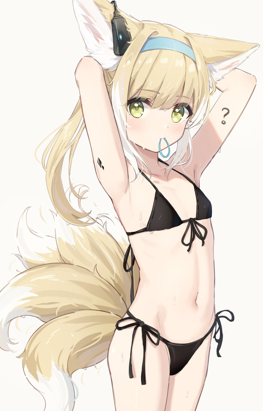 1girl ? alternate_hairstyle animal_ears arknights armpits arms_up bangs bikini black_bikini black_ribbon blonde_hair blue_hairband blush cowboy_shot earpiece eyebrows_visible_through_hair flat_chest fox_ears fox_tail front-tie_bikini front-tie_top green_eyes hair_tie hairband hawawa highres long_hair looking_at_viewer mouth_hold multicolored_hair multiple_tails navel ribbon side-tie_bikini solo stomach suzuran_(arknights) swimsuit symbol-only_commentary tail two-tone_hair tying_hair white_hair