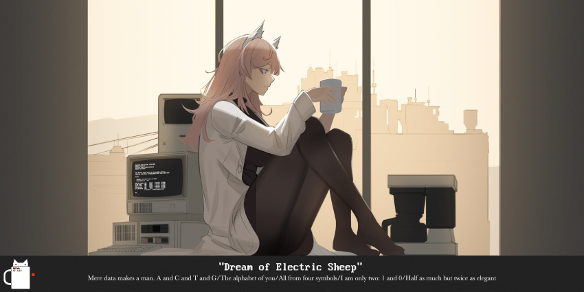 1girl absurdres animal_ear_fluff animal_ears black_legwear black_shirt closed_mouth coffee_cup coffee_maker_(object) computer cup disposable_cup english_text eyebrows_visible_through_hair from_side girls'_frontline_neural_cloud girls_frontline highres holding holding_cup long_hair looking_down no_shoes pantyhose persica_(girls'_frontline) persicaria_(girls'_frontline_nc) pink_hair salty_eyes shirt simple_background sitting solo turtleneck white_robe
